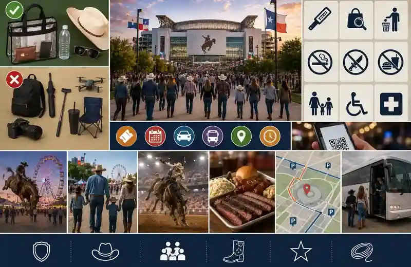 Houston Rodeo stadium rules and visitor planning guide featuring NRG Stadium entry policies, parking maps, family preparation tips, transportation options, and event day essentials.